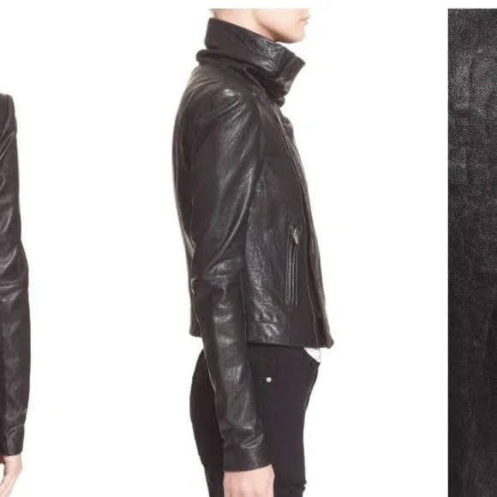 Veda Max Classic Black Leather Jacket High Collar Moto